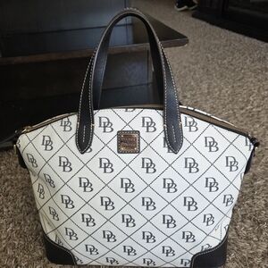 Dooney & Bourke White and Black Logo Dome Satchel with Gold Hardware